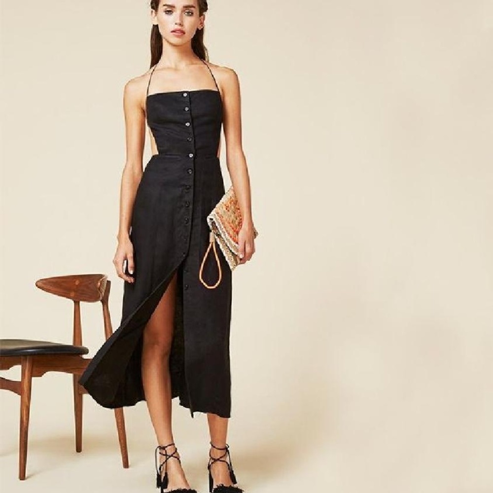 Black Halter Button-Front Midi Dress